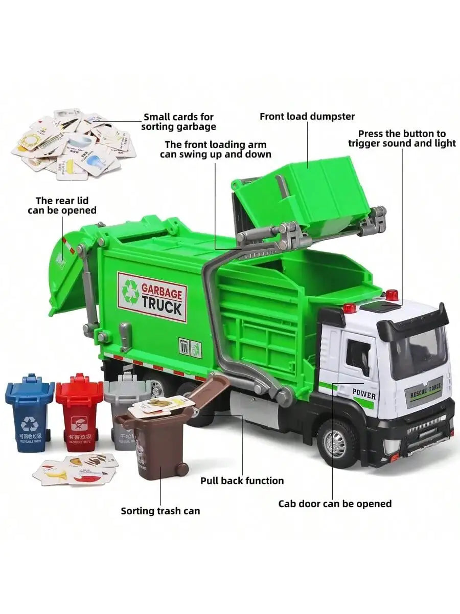 Realistic Garbage Truck Toy Set with Trash Can & STEM Learning Cards | 6+ Years Interactive Pull-Back Vehicle for Boys & Girls,