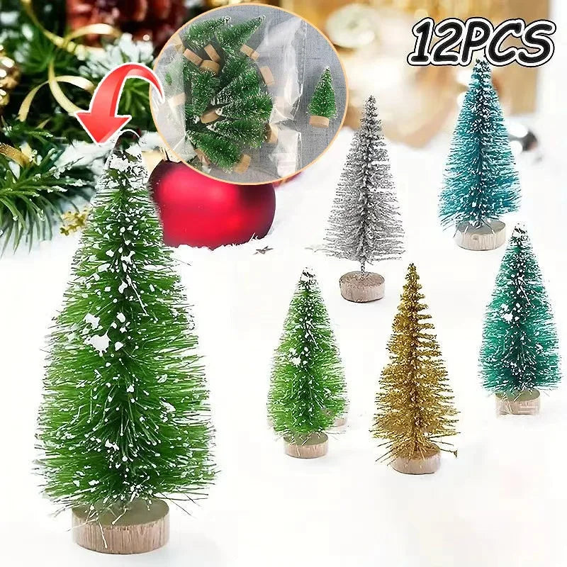 12Pcs DIY Mini Christmas Tree Sisal Silk Cedar Desktop Decoration Small Christmas Tree 2025 Xmas New Year Decor Micro-landscape