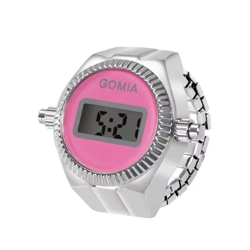 Fashion Electronic Watch Rings for Men Women Gold Silver Colorful Dial Stainless Steel Elastic Watch Strap Battery Mini Clock