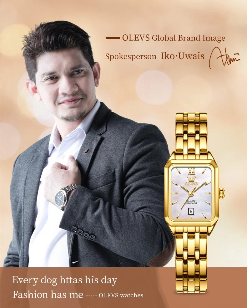 OLEVS Quartz Women's Watches Stainless Steel Square Small Gold Watch for Women Waterproof Auto Date Elegant Ladies Wristwatches