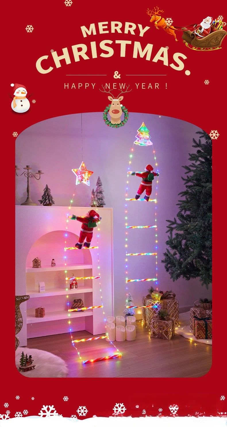 1pcs Christmas Decoration Santa Claus Climbing Ladder LED Light USB Plug 8 Lighting Modes Light String Home Wall Xmas Tree Decor