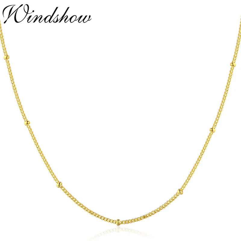 35-80cm Real 925 Sterling Silver W/ Gold Colour Beads Curb Chain Choker Necklaces For Women Girls Jewelry Kolye Collares Ketting