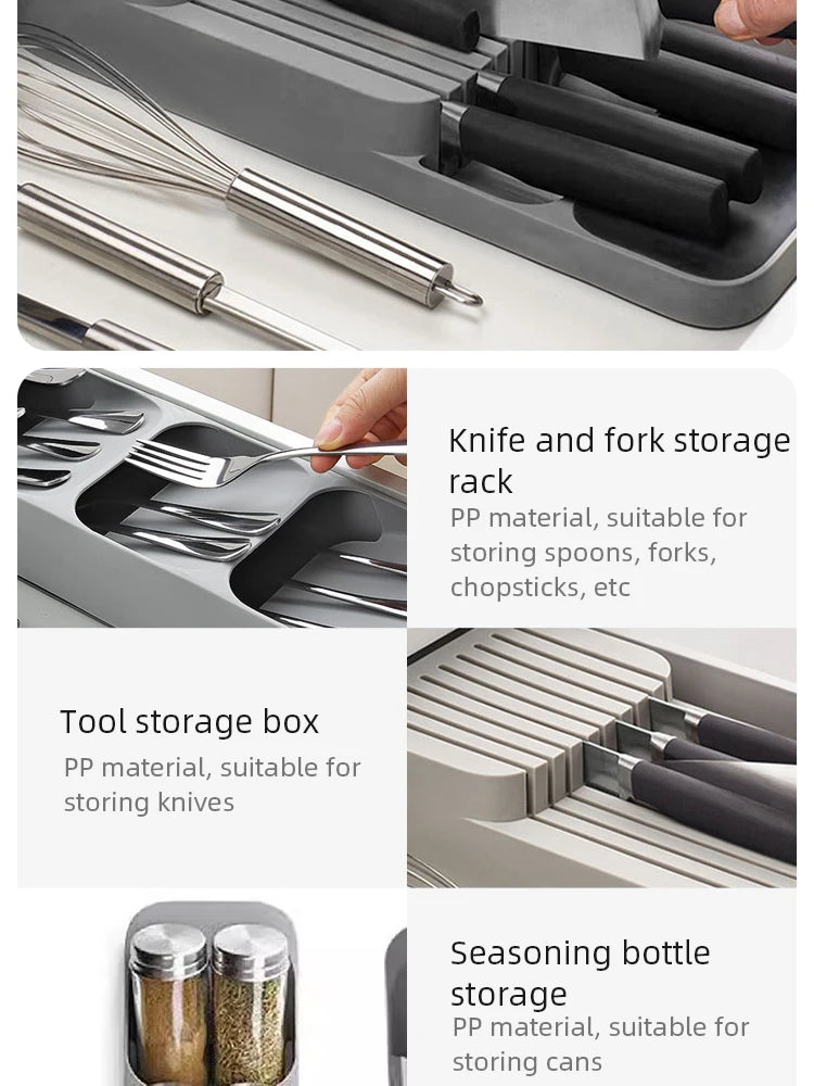 Kitchen Drawer Cutlery Storage Tray Knife Holder Spoon Forks Tableware Organizer Container For Spice Bottles Knives Block Rack