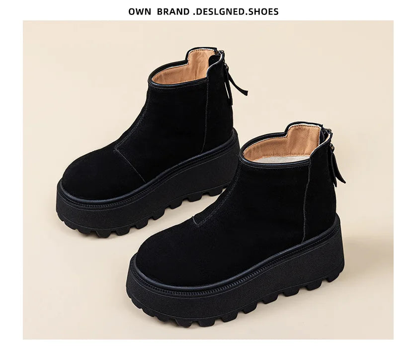 Fujin 7cm Suede Leather Snow Shoes Ankle Booties Platform Winter Boots Women Comfortable Non Slip Chelsea Boots Chunky Heel