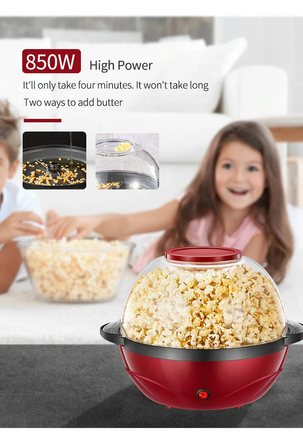 Electric Popcorn Maker 1PC850W Home Healthy Oil-free Children Homemade Snacks Corn Maker Fully Automatic Home Appliances Kitchen