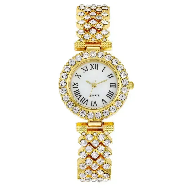 Fashion Luxury Full Crystal 5 Pcs Watch  Necklace Earrings  Ring  Set for Women Rhinestone  Wristwatch Female Bracelet Set Gift