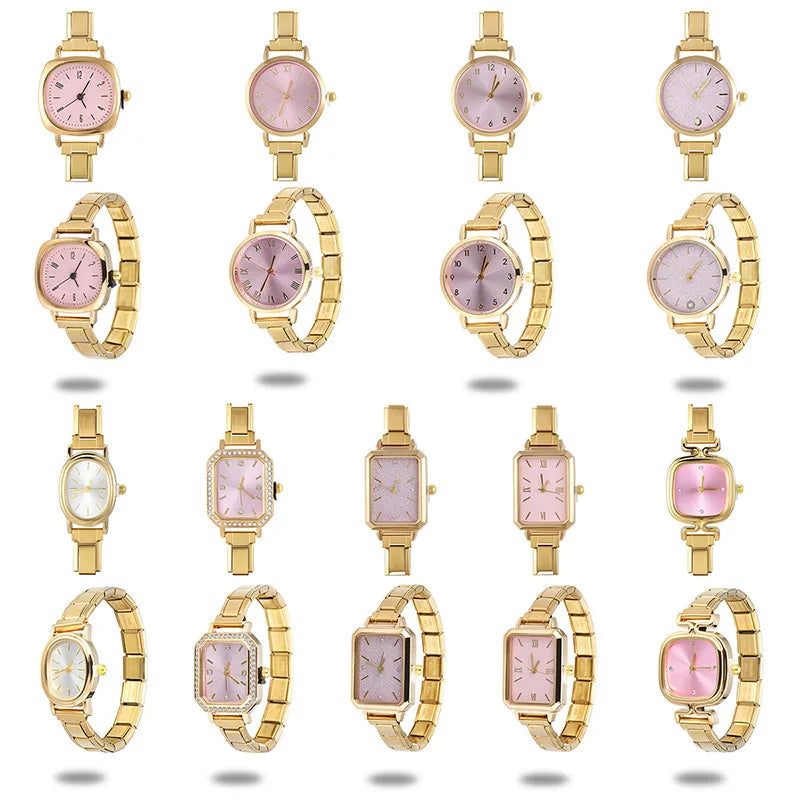 New Fashion Women's Stainless Steel Square Round Shiny Watch Bracelet For Party Friend Wife Birthday DIY Jewelry Gift