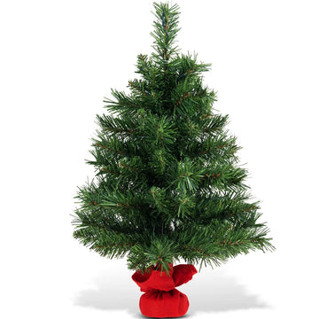 GOFLAME 60CM Pre-Lit Mini Christmas Tree, Tabletop Artificial Xmas Tree with LED Lights and Cement Base