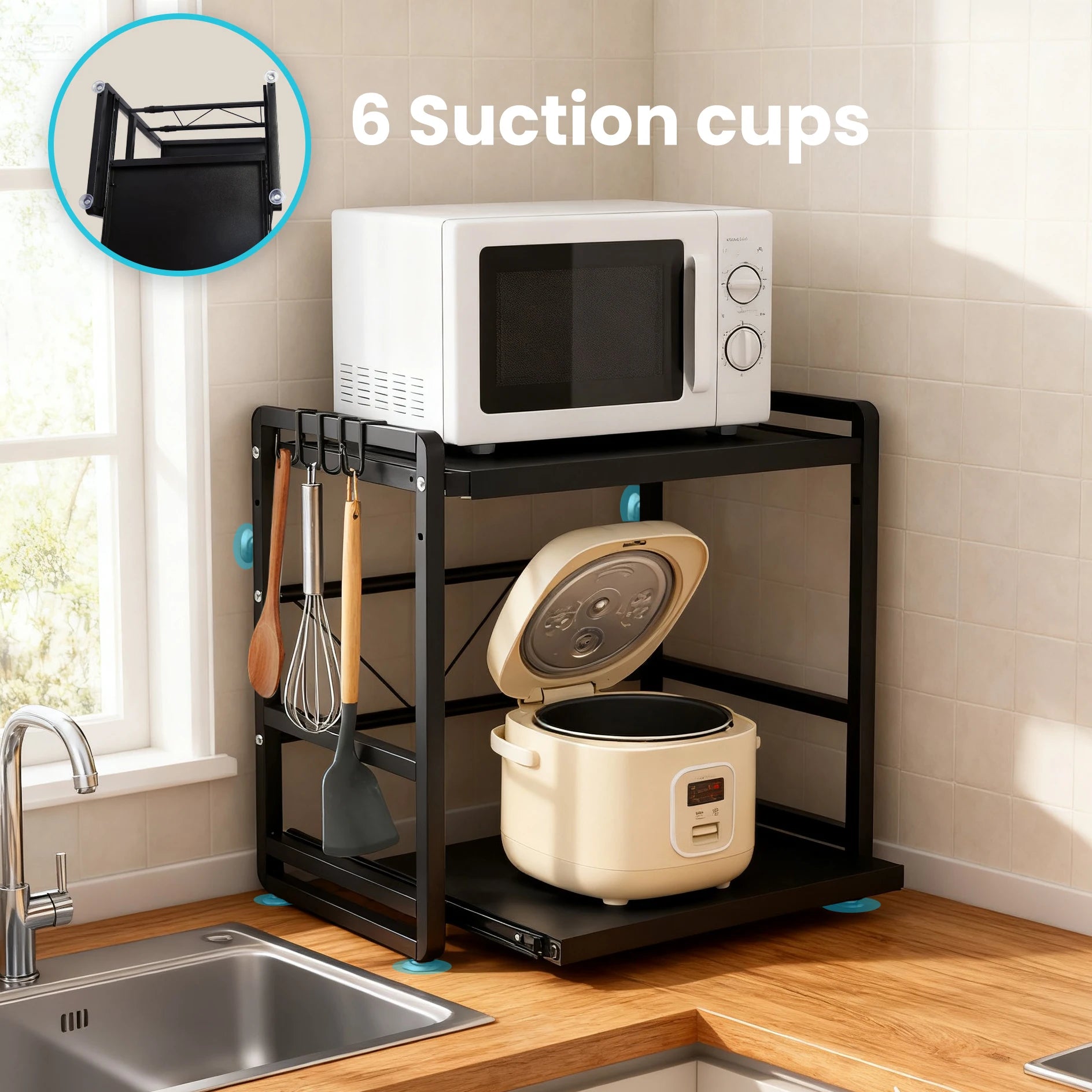 Iron Kitchen Shelf, Microwave Rack, Adjustable Height Extendable Shelf Includes Hooks & Reinforcement Suction Cups Easy Assembly