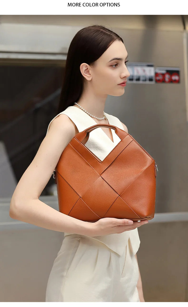 Genuine Leather Woven Tote Crossbody Bag
