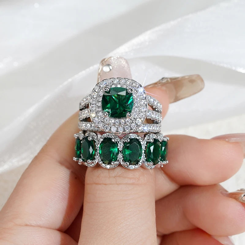 Huitan New Trendy Set Rings for Women Pink/White/Green/Black Cubic Zirconia Rings Gorgeous Wedding Accessories Eternity Jewelry