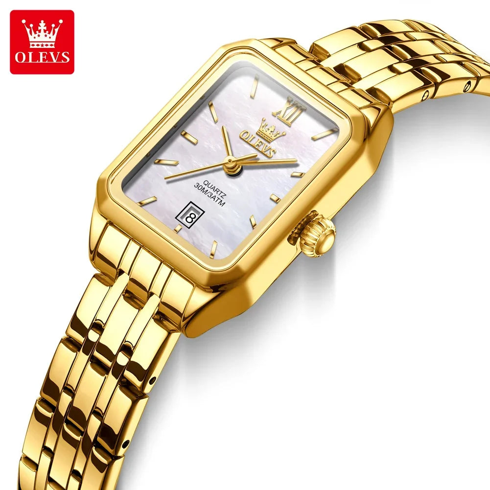 OLEVS Quartz Women's Watches Stainless Steel Square Small Gold Watch for Women Waterproof Auto Date Elegant Ladies Wristwatches