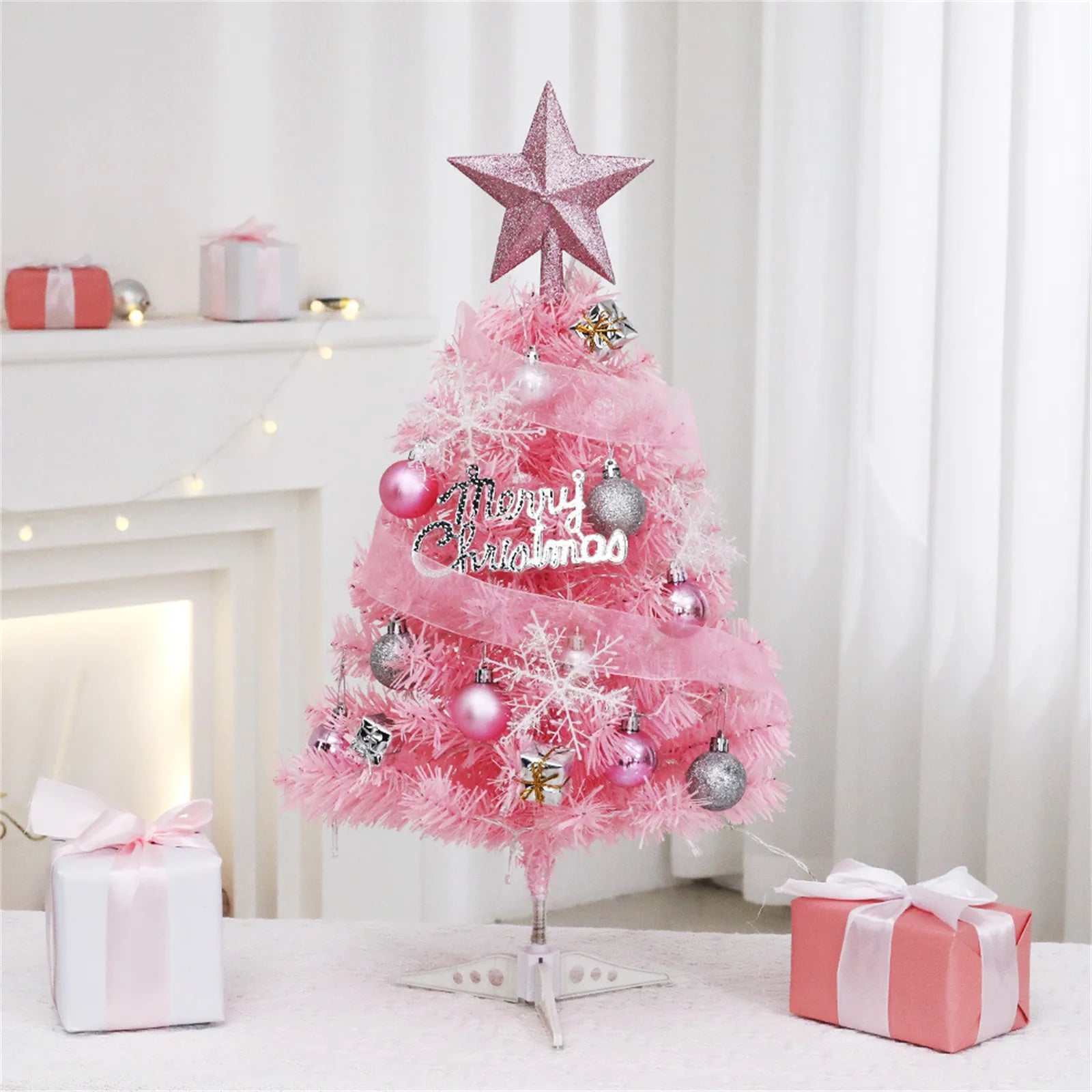 Christmas Tree Set Pink Mini 60cm 45cm Small Tabletop Decor Holiday Festive Design Unique Xmas Decor Gift Ornament
