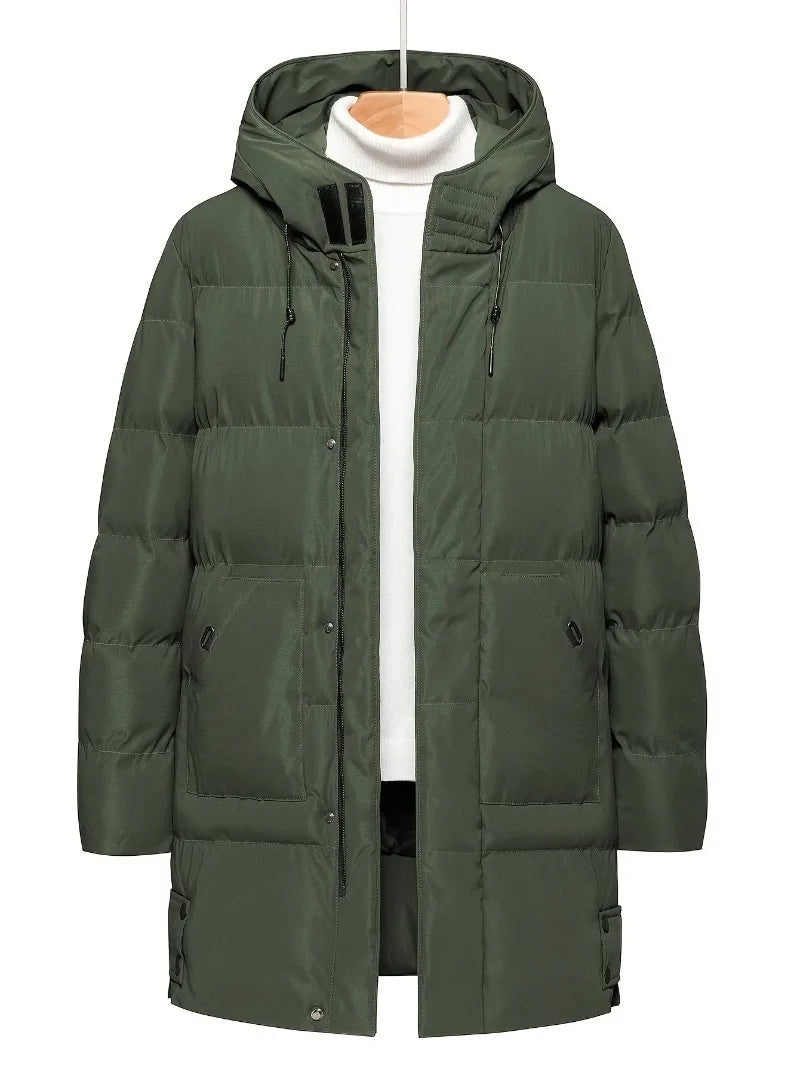 Men'S Heavyweight Winter Coat Windproof Cold Weather Jacket with Full-Length Zipper, Hooded Long Formality, Large Front Pockets