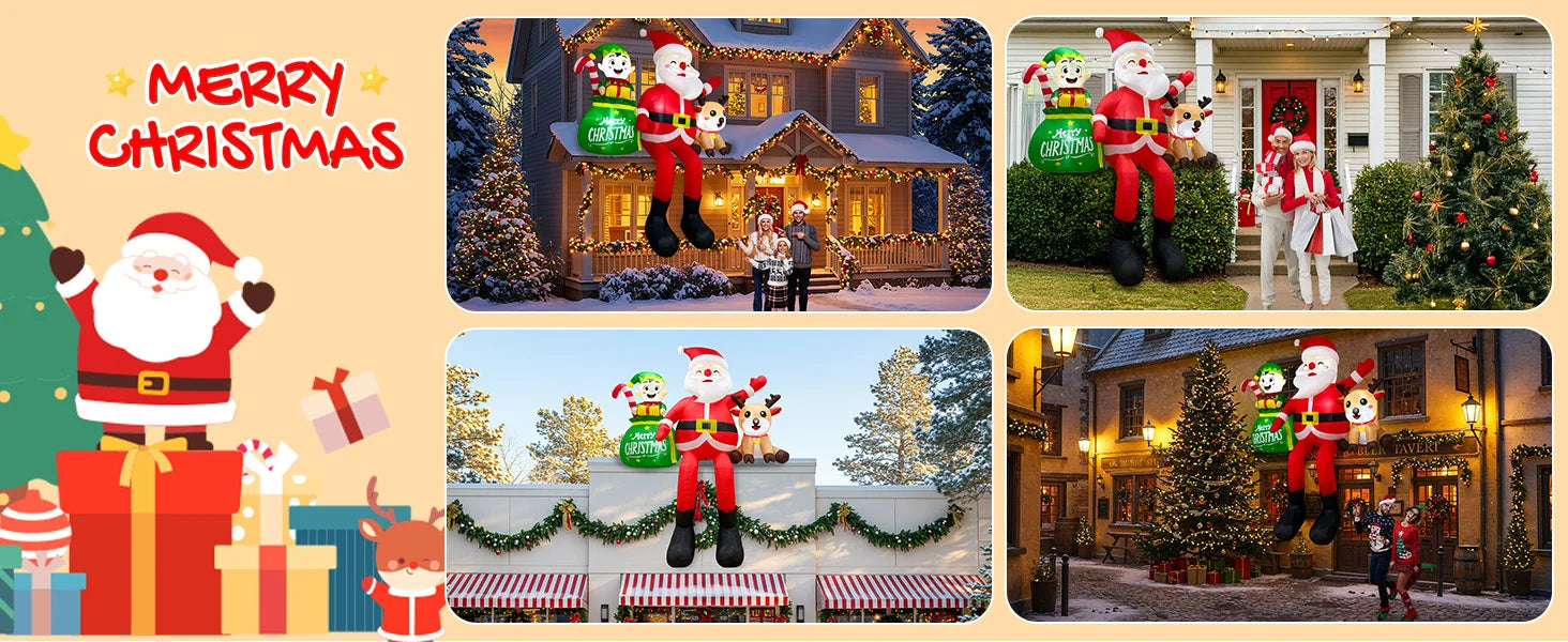 OurWarm 8FT Christmas Inflatable Outdoor Decorations,Sitting Santa Claus with Elves & Reindeer,for Holiday Party Garden Yard