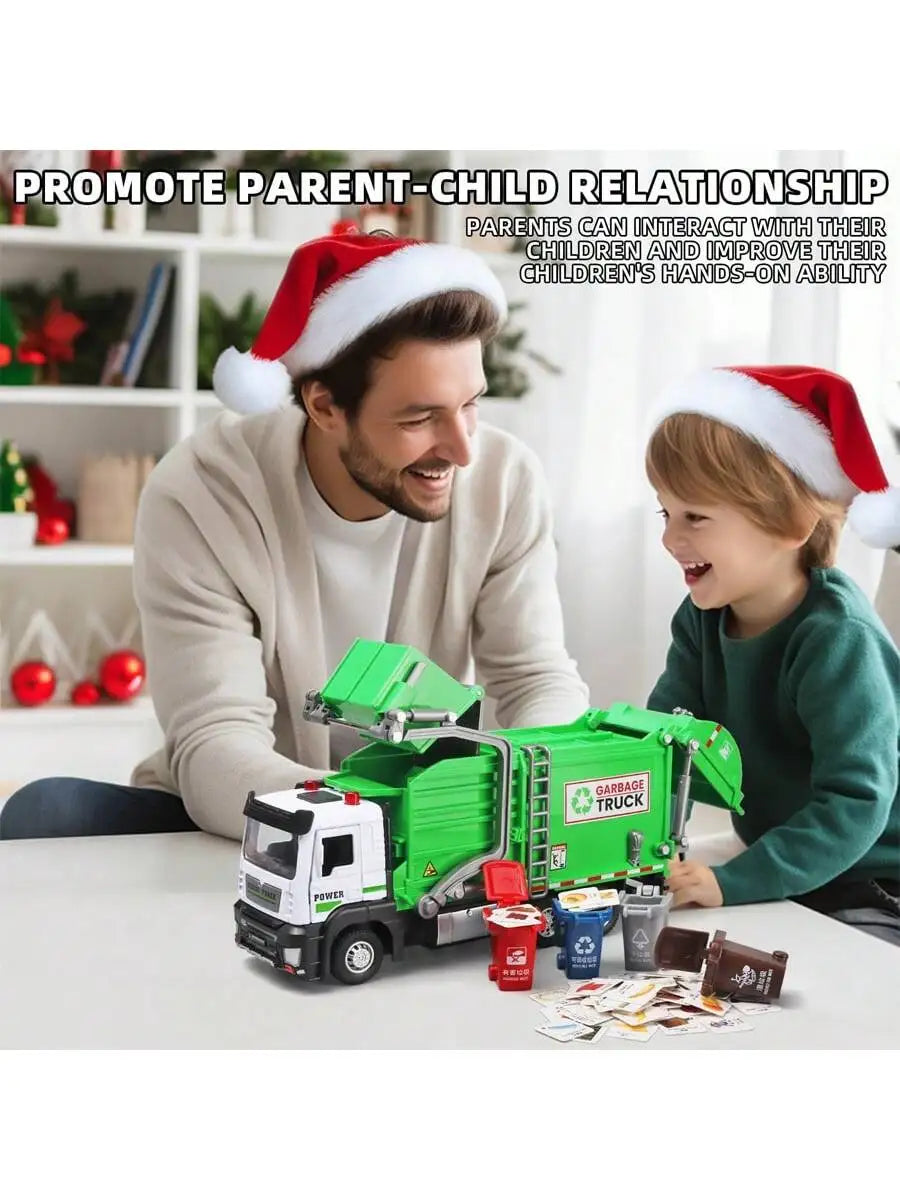 Realistic Garbage Truck Toy Set with Trash Can & STEM Learning Cards | 6+ Years Interactive Pull-Back Vehicle for Boys & Girls,