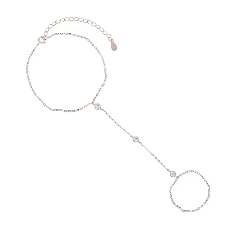 100% 925 Sterling Silver Slave Chain Bracelet Connected Finger Ring Bling AAA Sparking Cz Zirconia Handlets Layers Jewelry Women