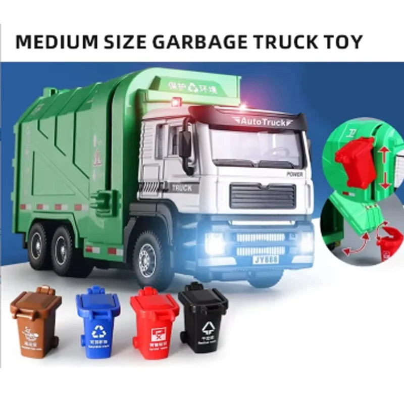 Realistic Garbage Truck Toy Set with Trash Can & STEM Learning Cards | 6+ Years Interactive Pull-Back Vehicle for Boys & Girls,