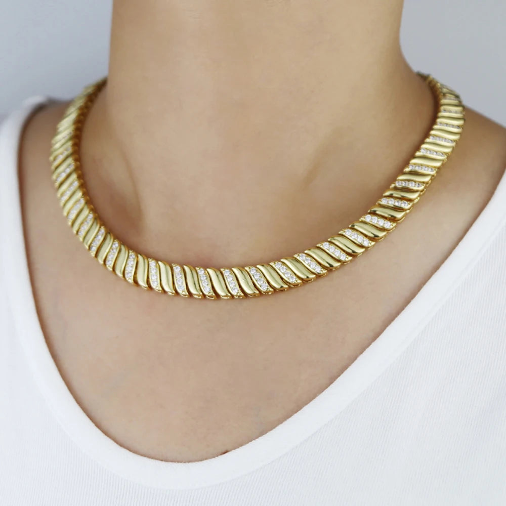 2025 New Gold Color Herringbone Snake Chain Bracelet Necklace 10mm CZ Stones Choker Hop Hip Rapper Fashion Women Jewelry Set