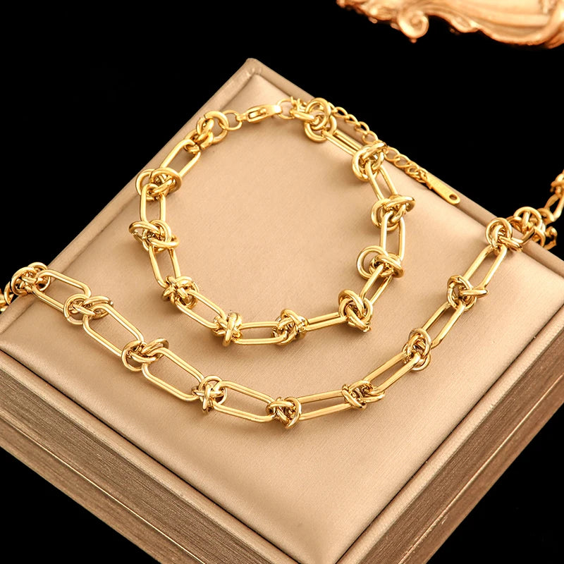 EILIECK 316L Stainless Steel Metal Gold Color Wide Watch Chains Neckalce Bracelet Set For Women Trendy Waterproof Jewelry Gift