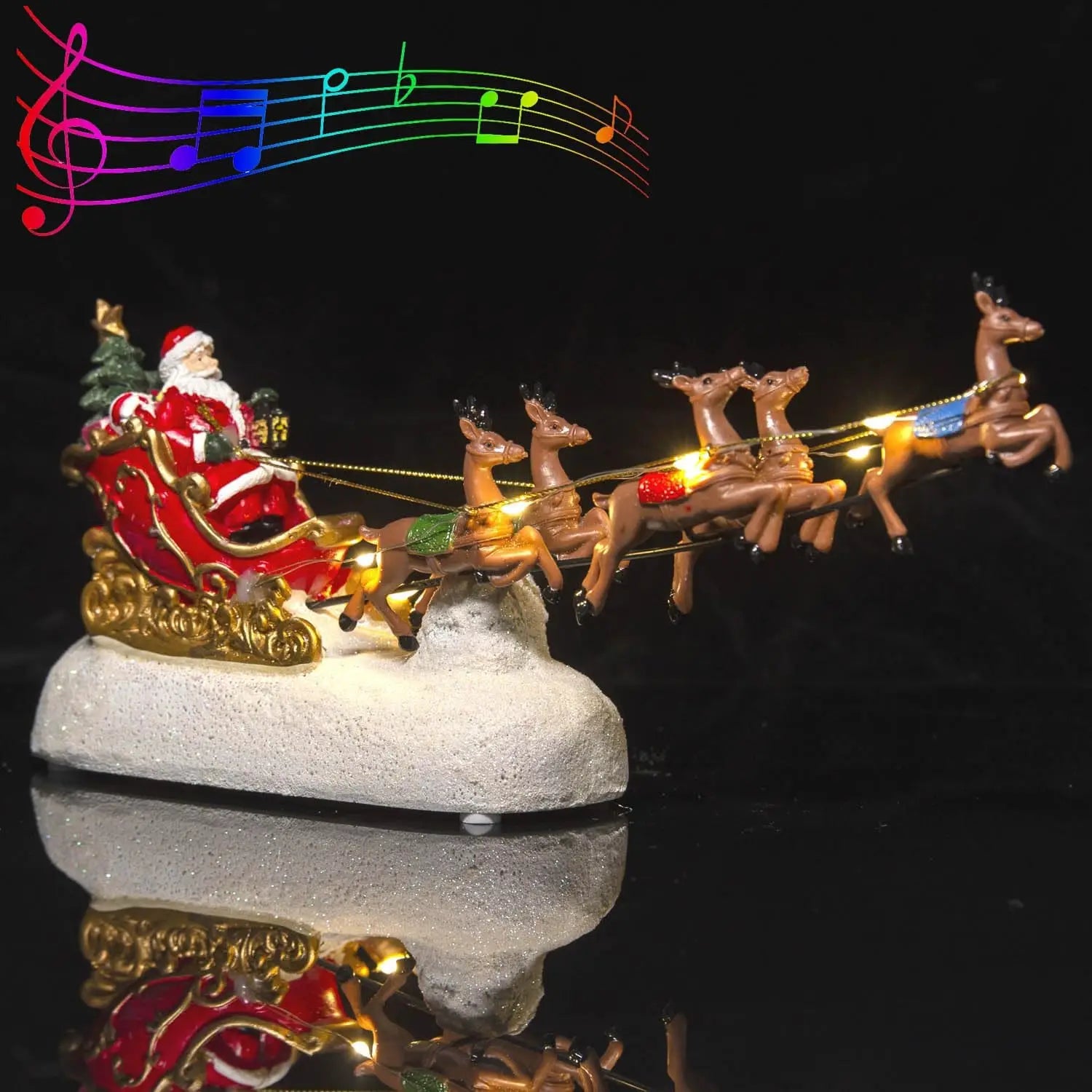 Christmas Santa Claus Sleigh with Reindeer Figurine, LED Light Holiday Village House Ornament Xmas Home Tabletop Decoration Gift