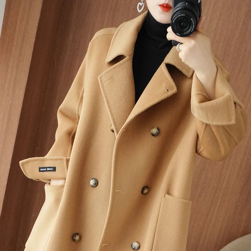 Ladies' 100% cashmere thick double-sided extended coat, classic, versatile and fashionable for business and leisure