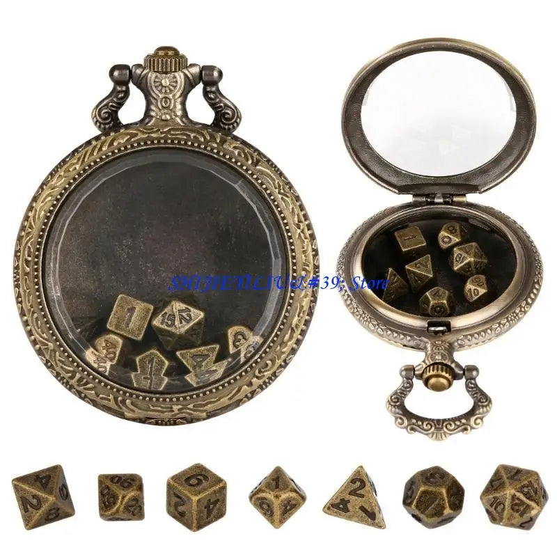 E21F Fashion Pocket Watch Case with 7pcs/set Metal Polyhedral Dices Pendant Chain