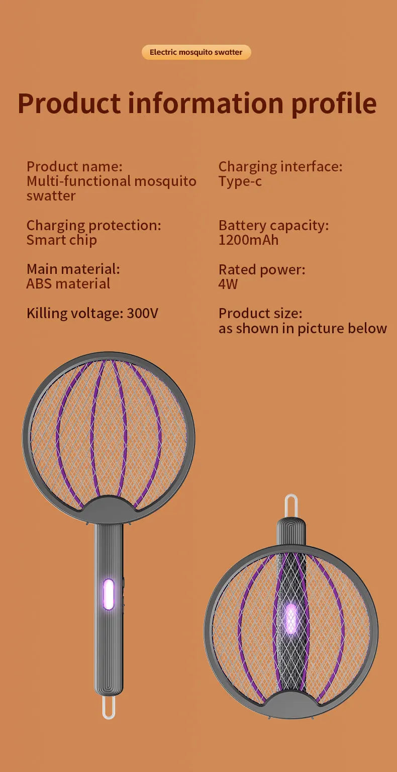 Foldable Electric Mosquito Swatter Safety Mesh USB Rechargeable Child Lock Portable for Travel Camping Indoor Outdoor Zapper