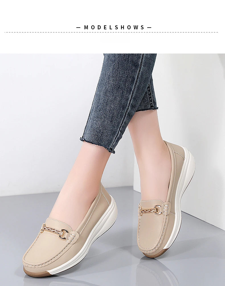Women’s Leather Platform Loafers – Slip-On Casual Flats