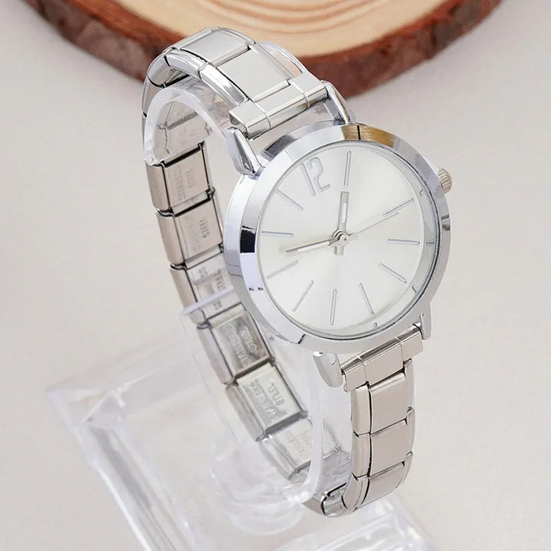 Fashion Watch Women's DIY 9MM Width Italian Elastic Charm Stainless Watch Header Linker Bracelet Jewelry Birthday Gift