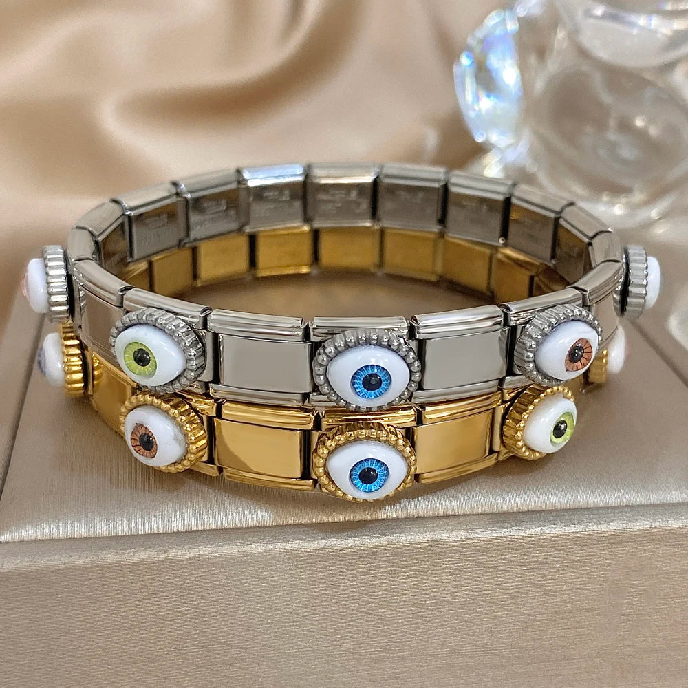 Fashion Elastic Adjustable Stainless Steel Colorful Eye Cuff Bracelet For Women Men New Chic Evil Eyes Italian Watchband Jewelry