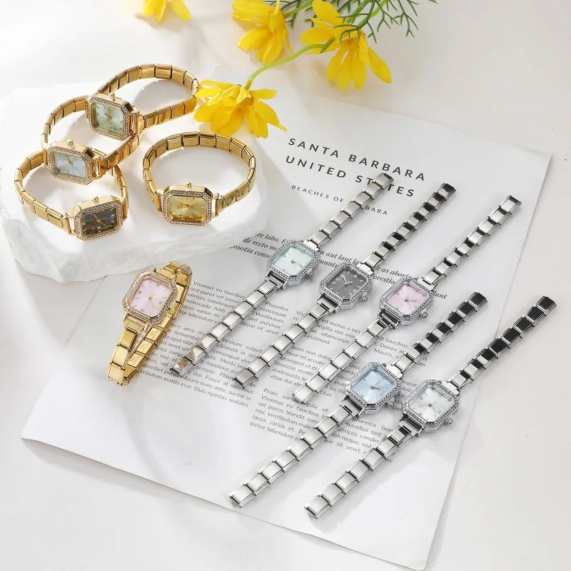 New Fashion Women's Stainless Steel Square Round Shiny Watch Bracelet For Party Friend Wife Birthday DIY Jewelry Gift