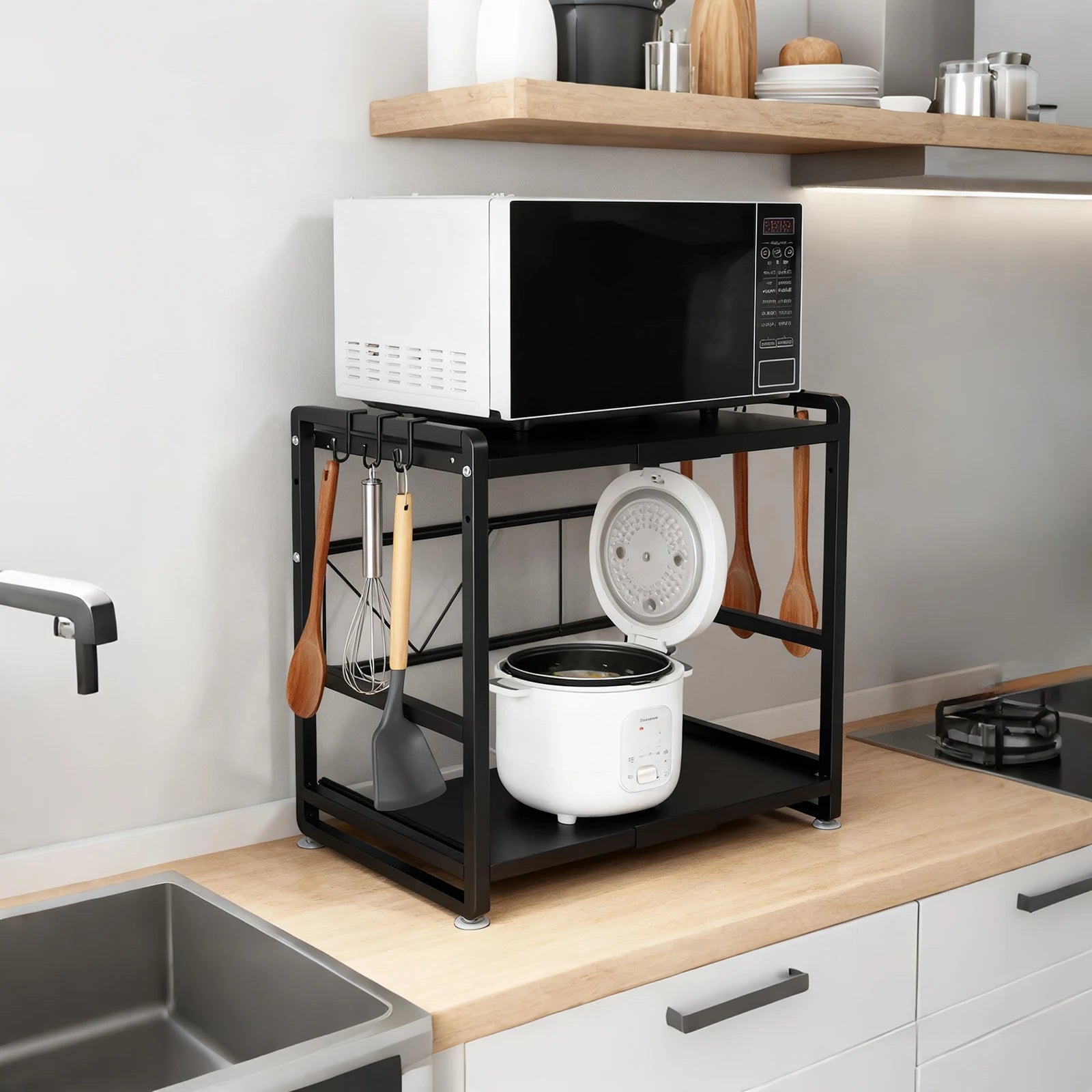 Iron Kitchen Shelf, Microwave Rack, Adjustable Height Extendable Shelf Includes Hooks & Reinforcement Suction Cups Easy Assembly