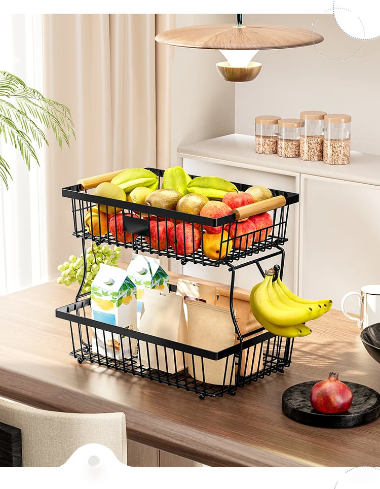 fruit basket vegetable basket,Metal storage basket with hook and wooden handle,Stackable and removable kitchen storage rack