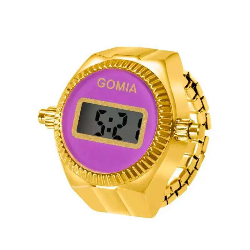 Fashion Electronic Watch Rings for Men Women Gold Silver Colorful Dial Stainless Steel Elastic Watch Strap Battery Mini Clock