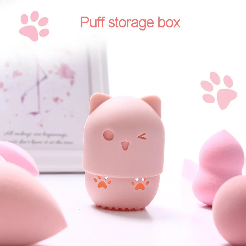 Pink Cute Cat Soft Silicone Cosmetic Sponge Box Holder with Beauty Eggs Portable Powder Puffs Holder Sponge Make Up Drying Cases