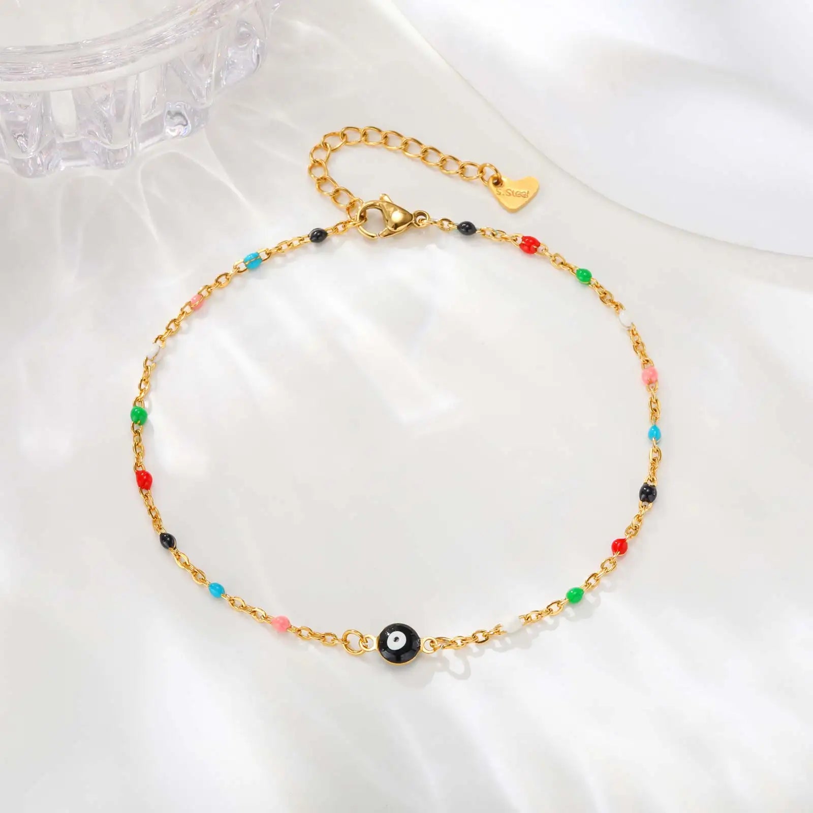 Vintage Lucky Evil Eye Anklet Bracelet for Women, Blue Eye Beaded Chain Stainless Steel Foot Anklets, Waterproof Jewelry on Leg