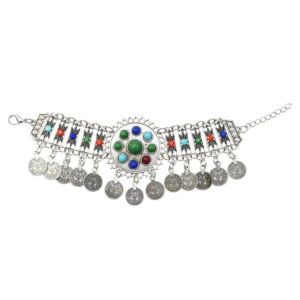 Gypsy Bohemian Coin Bracelets for Women Metal Vintage Flower Statement Bracelets Festival Turkish Beach Jewelry Tribal Ethnic