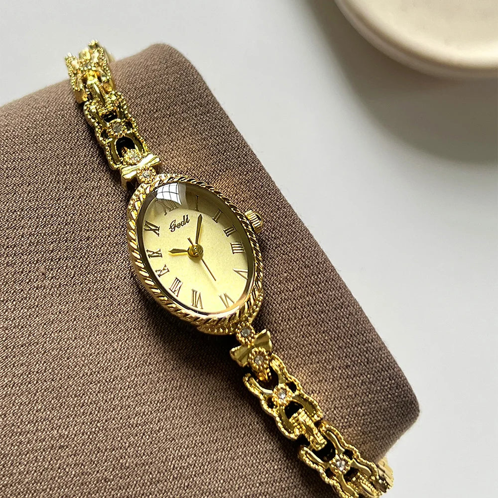 2025 NEW Vintage Silver Women's Watches GEDI Roman Numeral Display Oval Dial Woman's Quartz Wristwatch Clock Gift Accessories