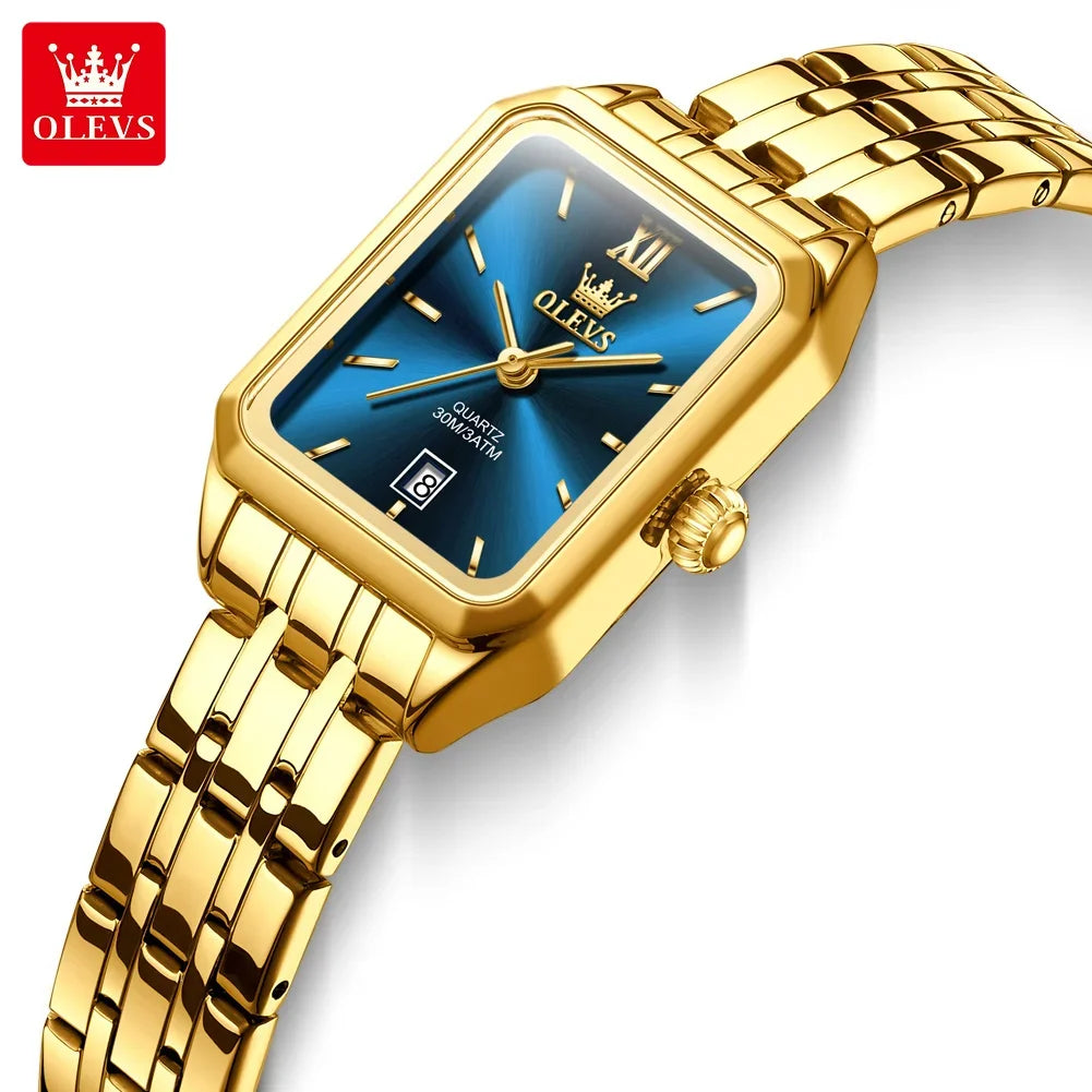 OLEVS Quartz Women's Watches Stainless Steel Square Small Gold Watch for Women Waterproof Auto Date Elegant Ladies Wristwatches