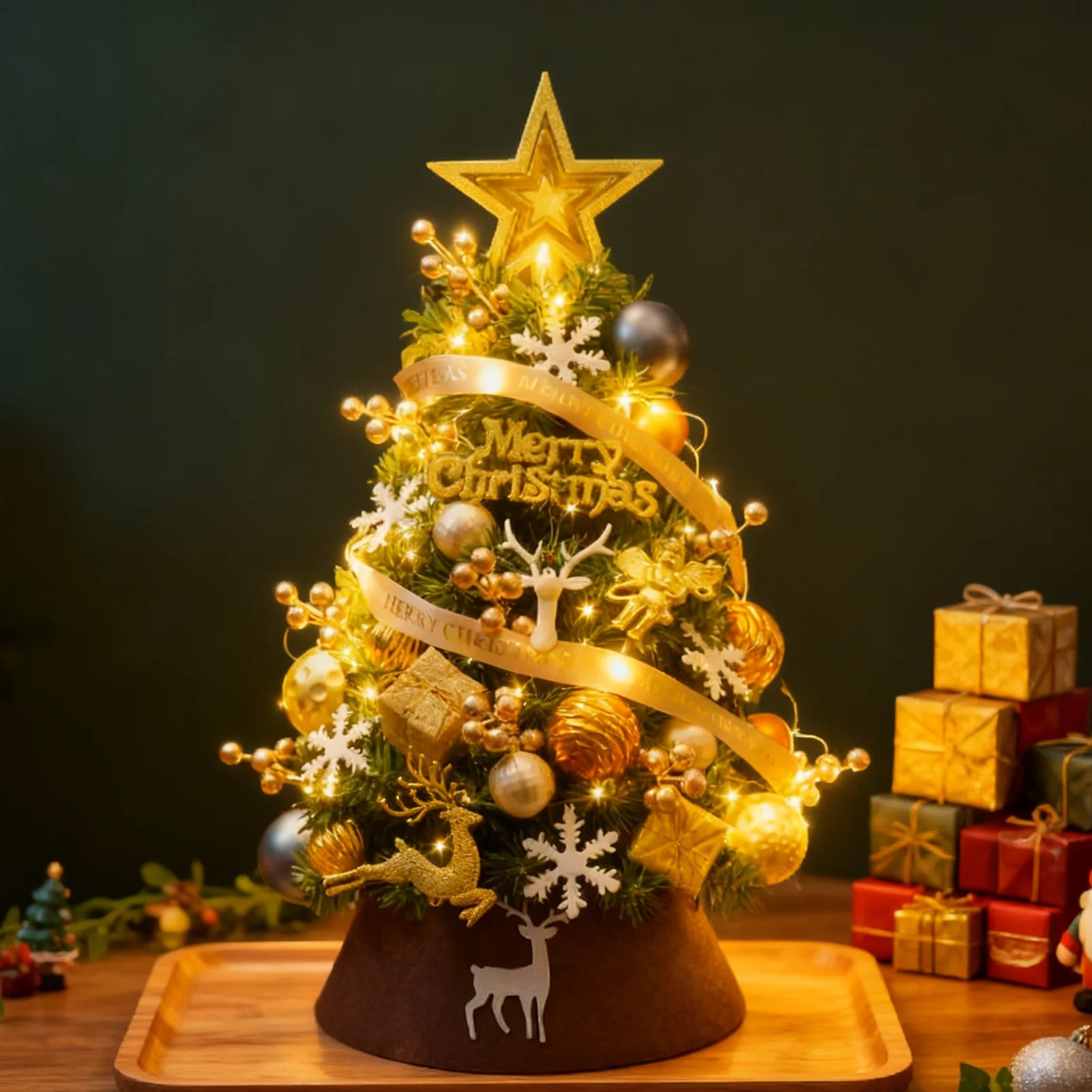 Desktop Mini Christmas Tree Golden Red Ball Flocking Tree With Led Lights Home Ornaments Christmas Decorations Holiday Festive