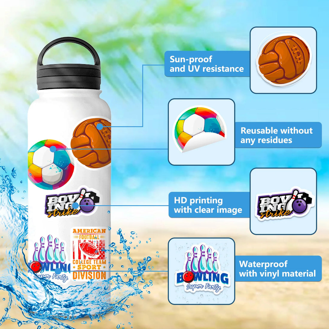 50 PCS Sports Stickers, Soccer Football Volleyball Golf Basketball Stickers, Sports Ball Stickers for phone