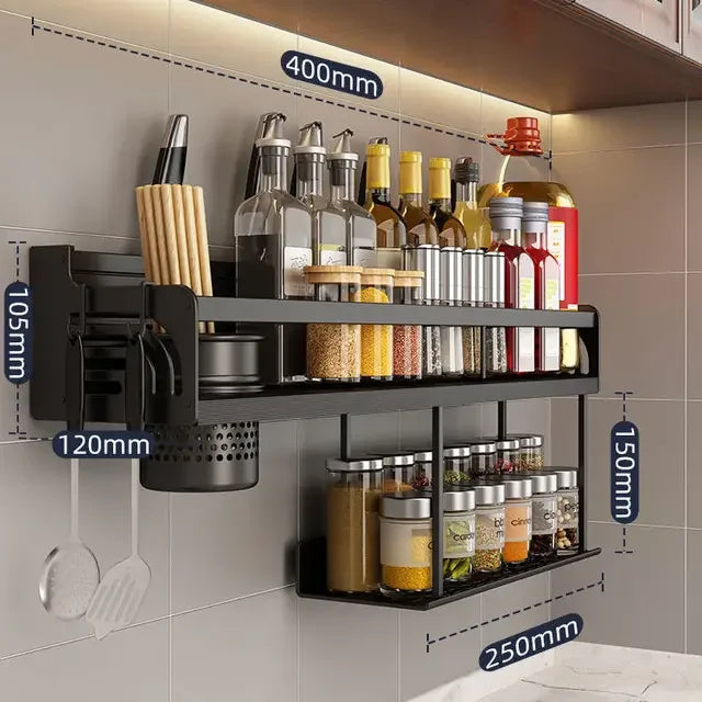 Stainless Steel Kitchen Wall Rack with Hooks & Shelf
