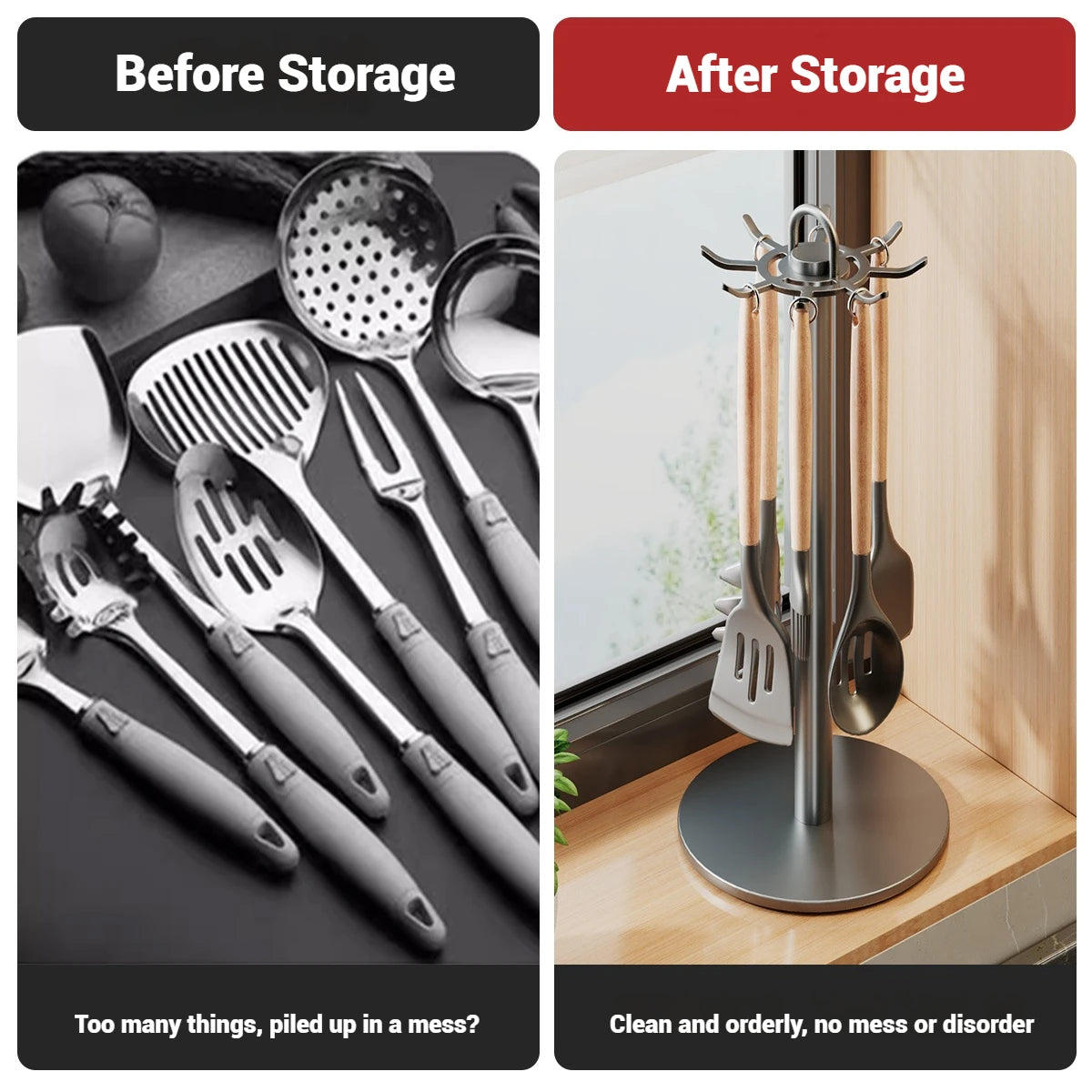 Kitchen Utensil Stand: Rotating Storage Hanger with 8 Hooks,for Countertop Organization rotatable Cooking Utensils Holder