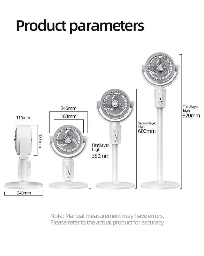 Rechargeable Oscillating Stand Fan 5 Speeds Adjustable Height USB Portable Air Circulator for Bedroom Office Living Room
