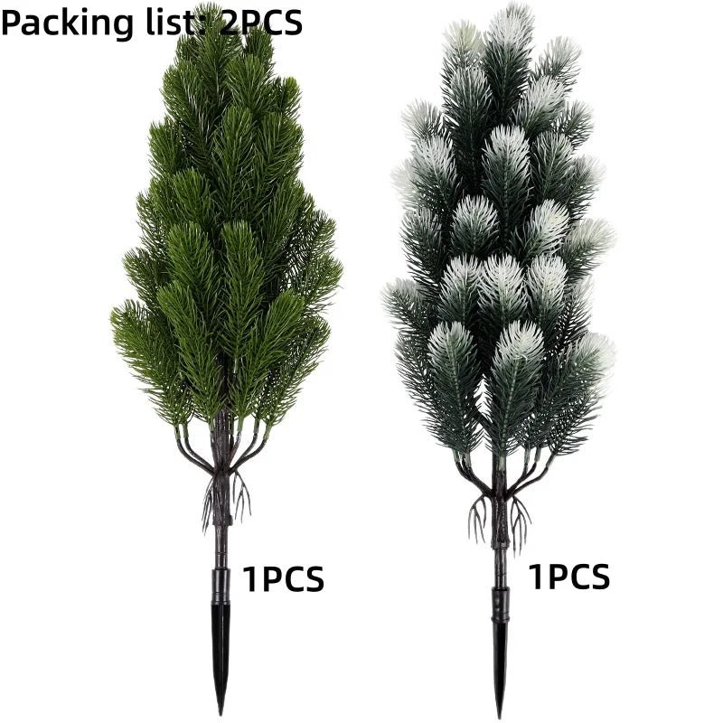 2pcs Artificial Pine Needle Christmas Trees -  Indoor/Outdoor Greenery with Sturdy Black Pointed Base,  Mini Holiday Decor