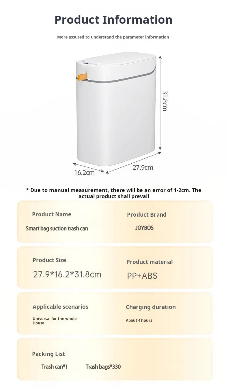 JOYBOS Smart Sensor Trash Can With Auto Adsorption Bag Rechargeable Garbage Trash Can For Home Toilet Living Room Household
