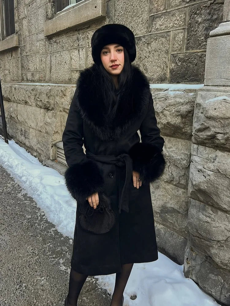 Luxurious Women's Overcoat Faux Full Sleeve Double Breasted Belt Lace Up Female Black Coats 2025 Autumn Winter Chic Lady Outwear