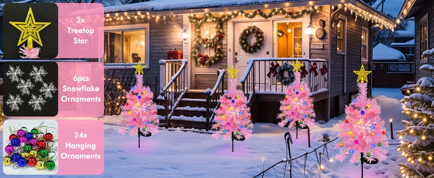 OurWarm 2pcs Pink 29in Solar Christmas Trees Garden Stake Lights Waterproof Christmas Yard Decor Outdoor, 8 Modes Xmas Tree