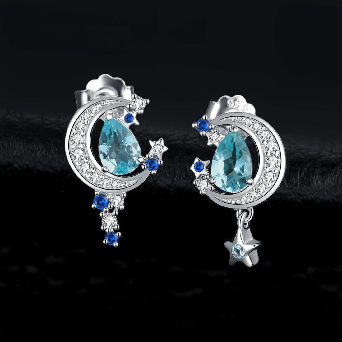 Moon Star Blue Topaz 925 Silver Stud Earrings